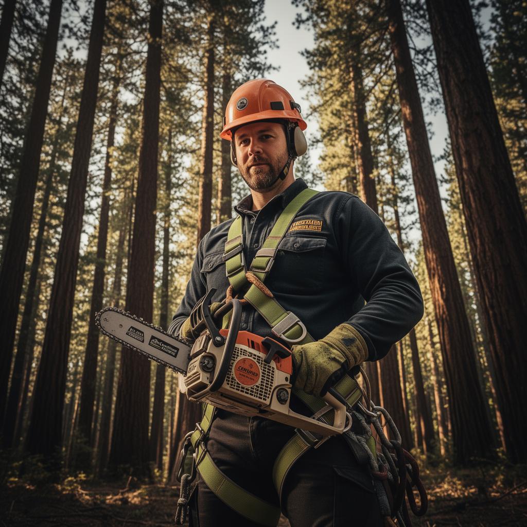 Certified arborist with chainsaw and climbing harness
