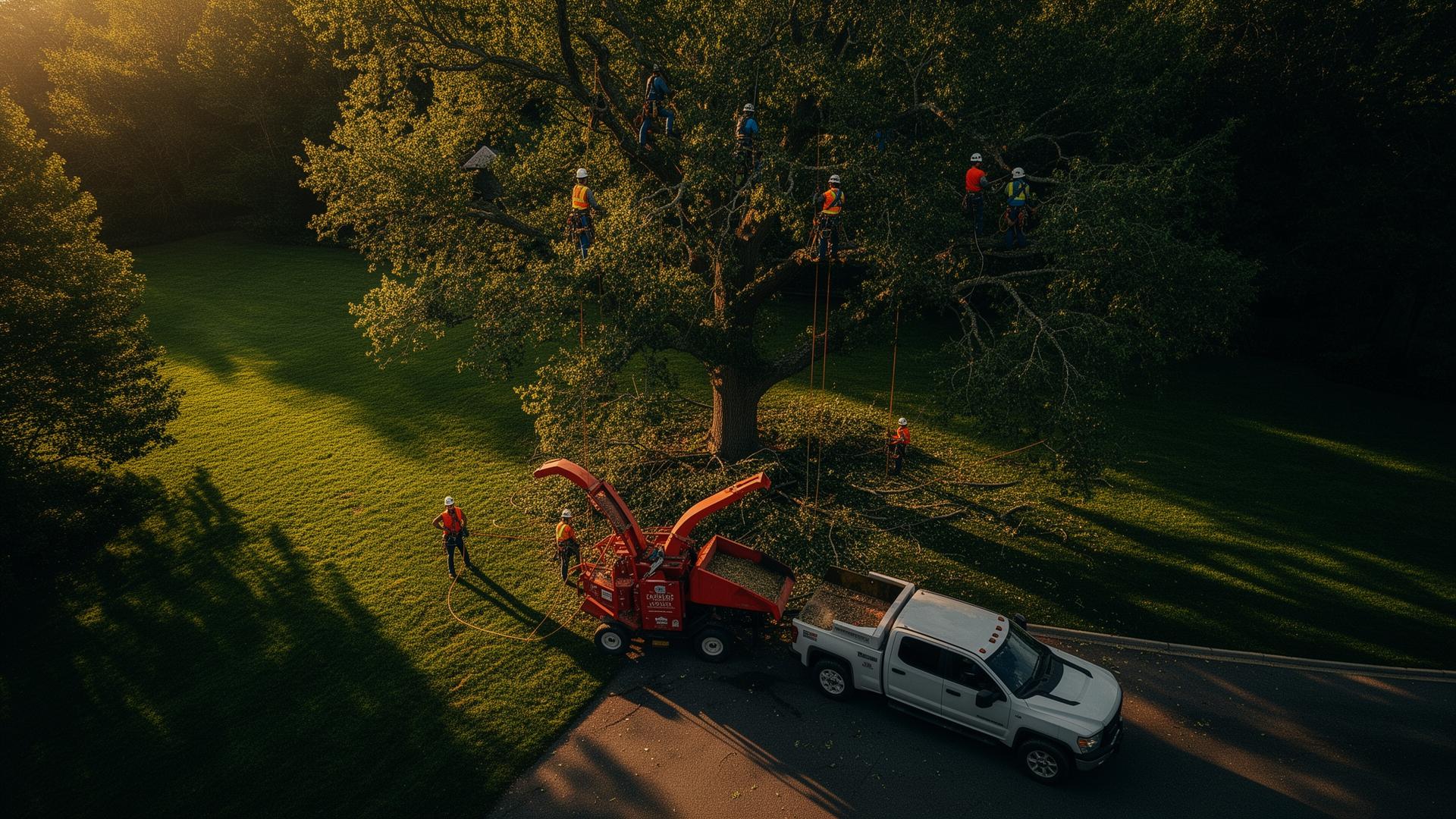 Aerial view of HP Tree Service crew working on a large tree with chipper truck